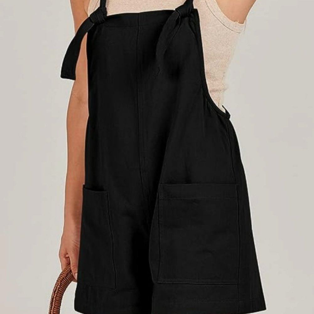 Black Tie-Shoulder Pocket Short Overalls - Women
